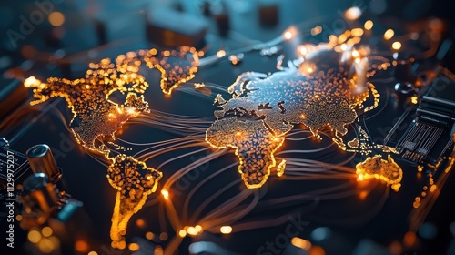 World Map of Submarine Cable Network: Glowing Pathways Connecting Continents