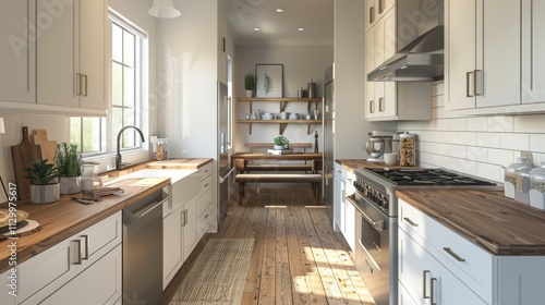 A contemporary kitchen with white cabinets, wood countertops