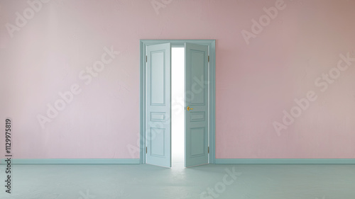 Minimalist Interior with Pastel Pink Wall, Open Blue Door Slightly Ajar Revealing Bright White Space, Soft Pink Floor and Muted Blue Door Frame, Calm and Serene Ambiance with a Touch of Mystery photo