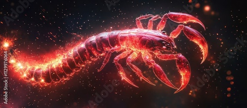 Scorpio zodiac sign, glowing red scorpion tail with starlit accents, black background  photo