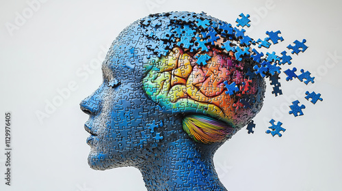Human head profile and jigsaw puzzle, cognitive psychology or psychotherapy concept, mental health, brain problem, personality disorder, vector line design, Created using generative AI tools, leaving 