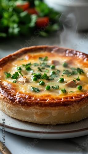 A steaming pie filled with chicken, peas, and herbs, served on a plate.