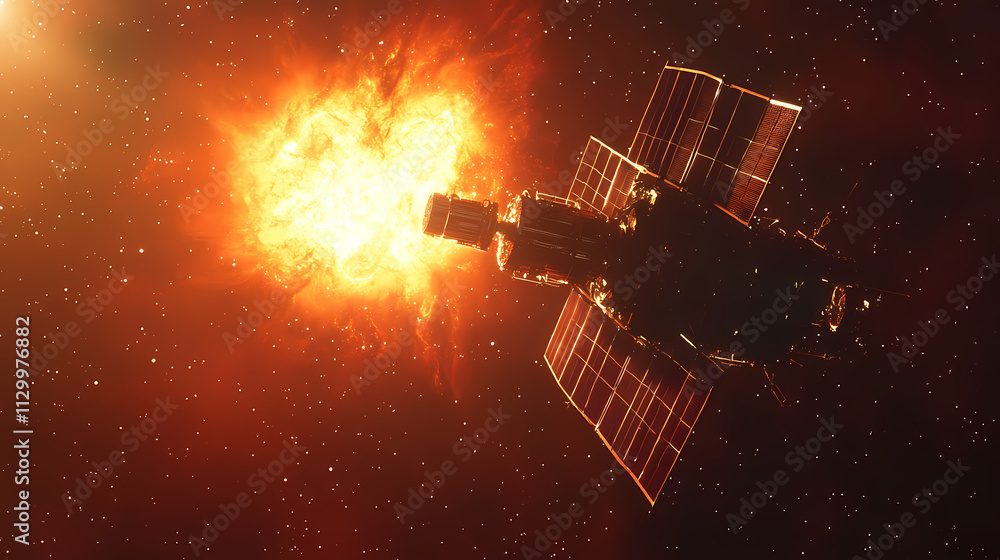 Satellite in space capturing energy from the sun with solar panels against a starry backdrop. Solaris. Illustration Satellite in space capturing energy from the sun with solar panels against a starry backdrop. Solaris. Illustration
