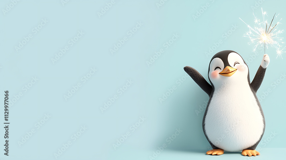 Obraz premium Cheerful penguin holding sparkler for New Year celebration, smiling joyfully