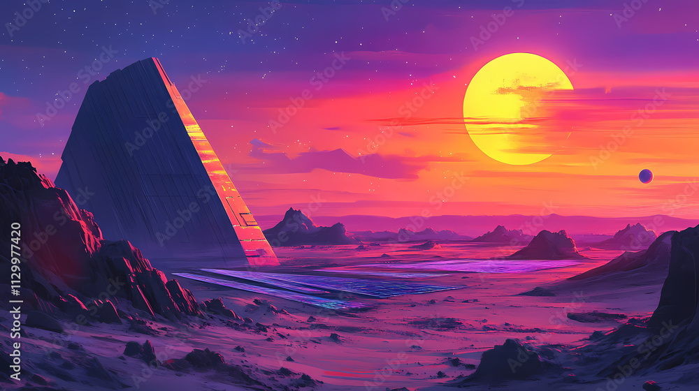 Solar panels under a vibrant sunset in a desert landscape. Solaris. Illustration Solar panels under a vibrant sunset in a desert landscape. Solaris. Illustration
