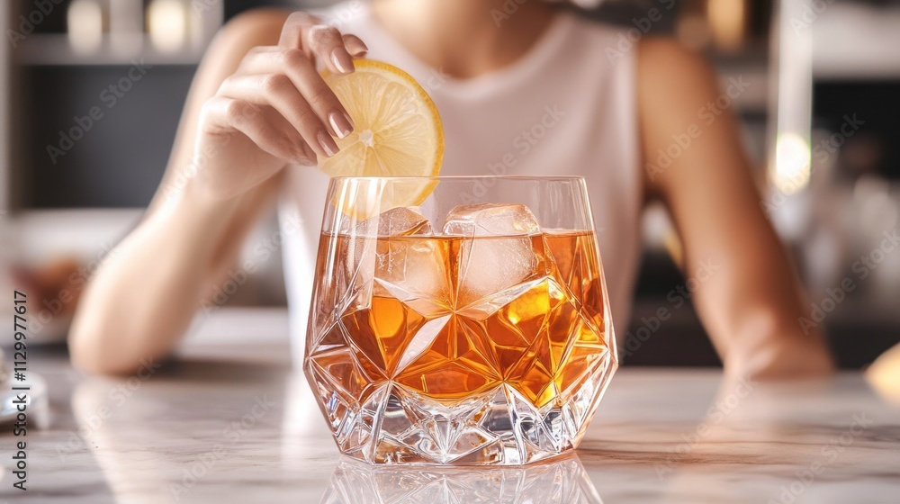 A person garnishing a whiskey drink with a lemon slice, set on a stylish bar surface. A person garnishing a whiskey drink with a lemon slice, set on a stylish bar surface.