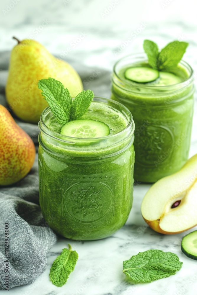 Fresh green smoothie in jars with mint, cucumber, and pears on a marble surface. Fresh green smoothie in jars with mint, cucumber, and pears on a marble surface.