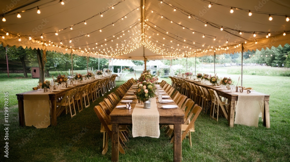 Fototapeta premium Rustic-chic party decor with burlap accents, wooden centerpieces, and string lights for a cozy ambiance,