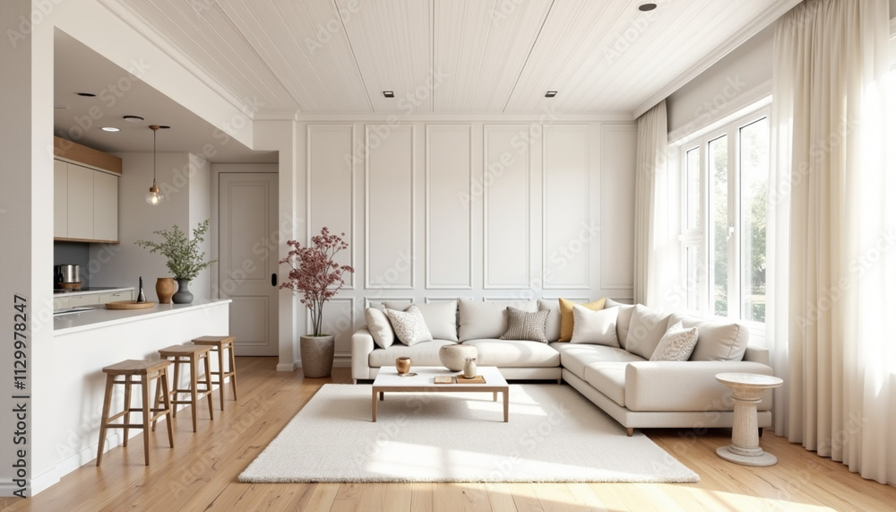 Fototapeta premium Modern living room interior design with cozy sofa and natural light