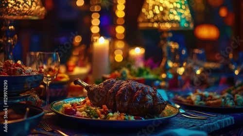 Roasted Leg of Lamb Festive Dinner Party Table Setting photo