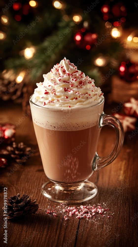 A festive cup of hot chocolate topped with whipped cream and sprinkles, set in a cozy atmosphere. A festive cup of hot chocolate topped with whipped cream and sprinkles, set in a cozy atmosphere.