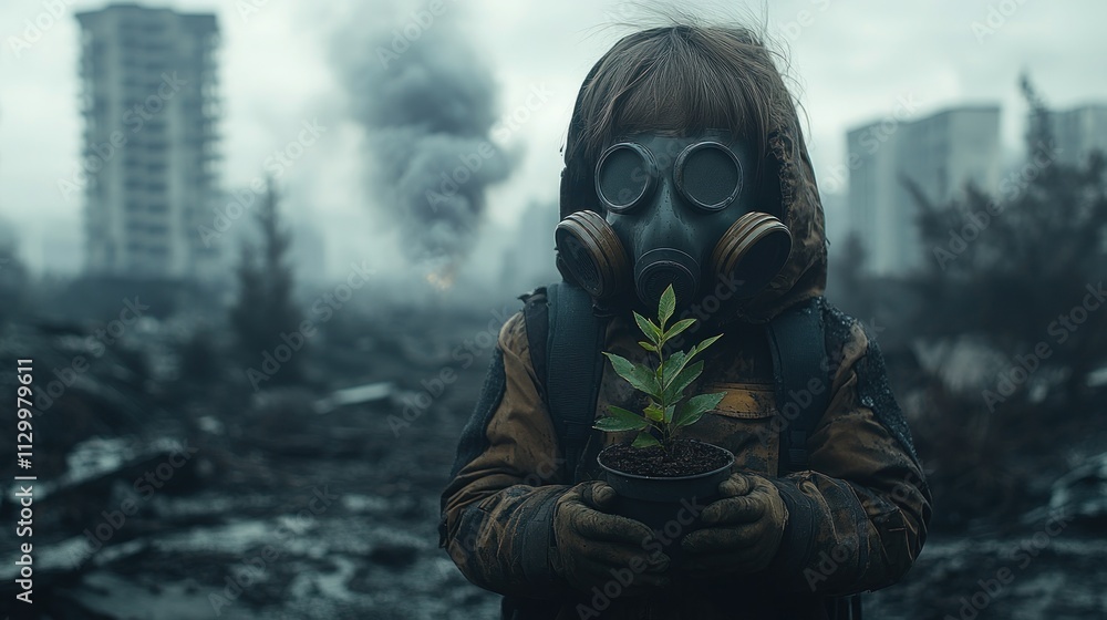 Child in gas mask holding a plant in post-apocalyptic city. Child in gas mask holding a plant in post-apocalyptic city.