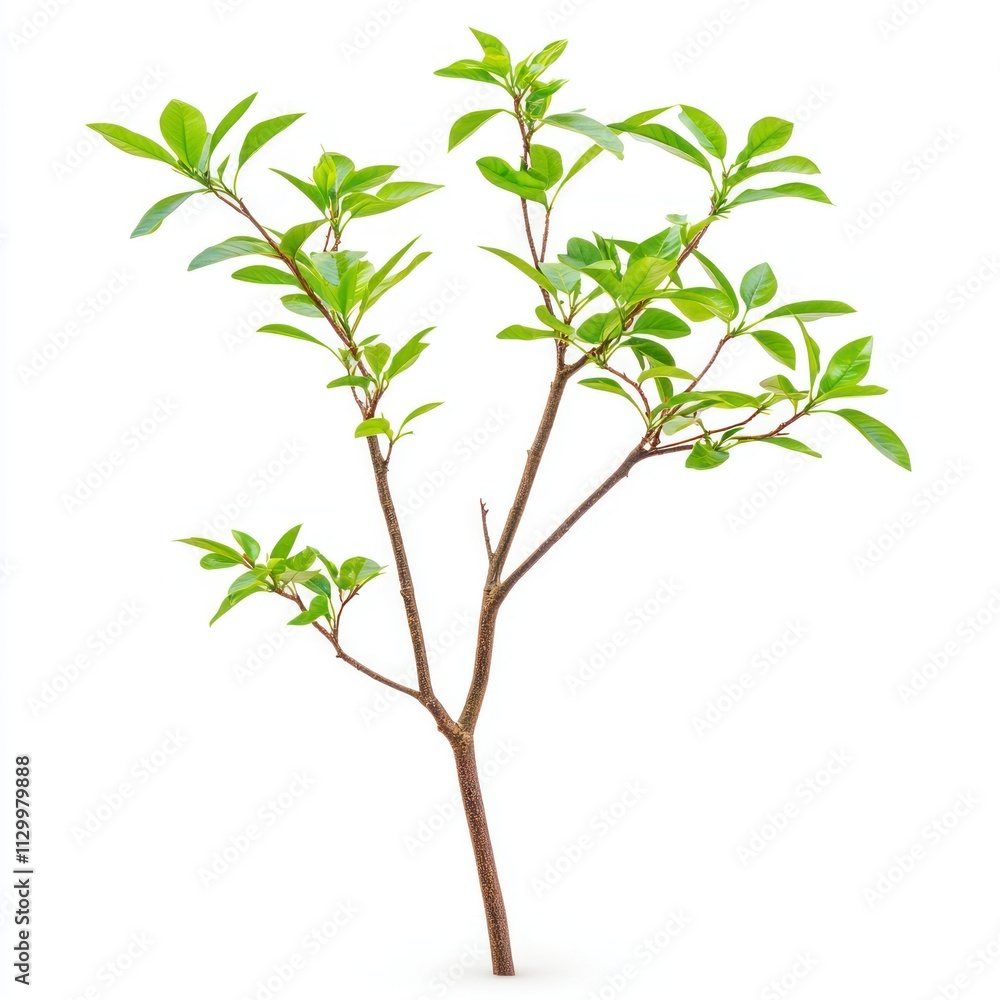 A young sapling with vibrant green leaves stands tall A young sapling with vibrant green leaves stands tall
