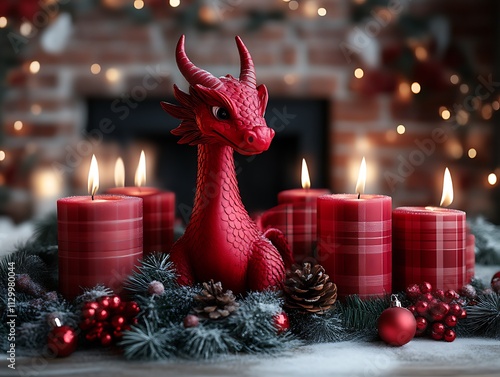 Festive Red Dragon Christmas Advent Candlescape photo