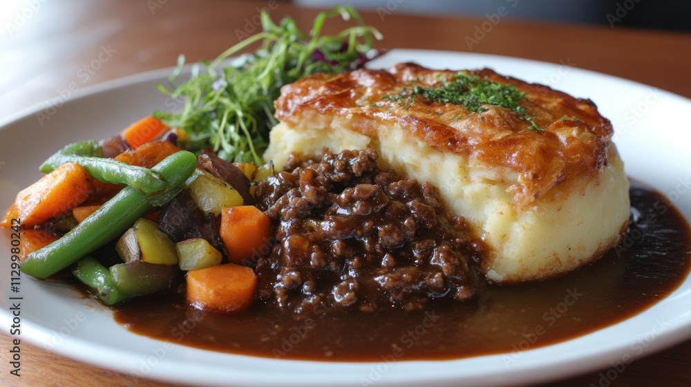 A hearty meal featuring shepherd's pie with vegetables on the side. A hearty meal featuring shepherd's pie with vegetables on the side.