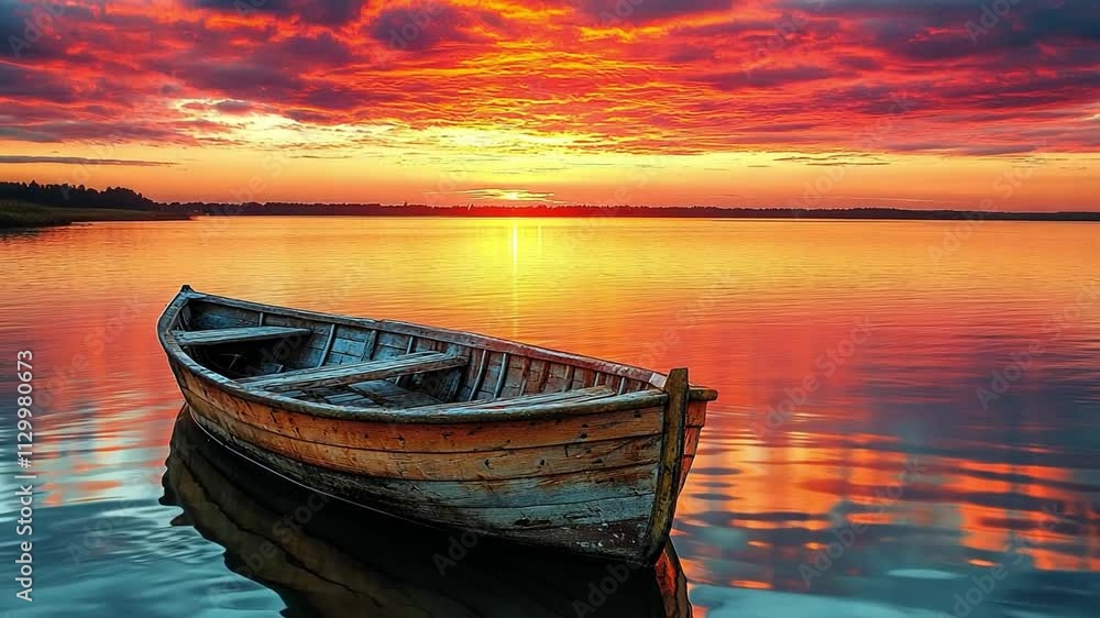 Sunset Serenity: A weathered wooden boat floats serenely on the surface of a still lake, reflecting the vibrant hues of a breathtaking sunset. The image evokes a sense of peace, tranquility. Sunset Serenity: A weathered wooden boat floats serenely on the surface of a still lake, reflecting the vibrant hues of a breathtaking sunset. The image evokes a sense of peace, tranquility.