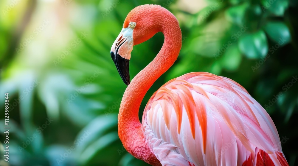 Obraz premium Graceful flamingo amidst lush green leaves in vibrant tropical garden