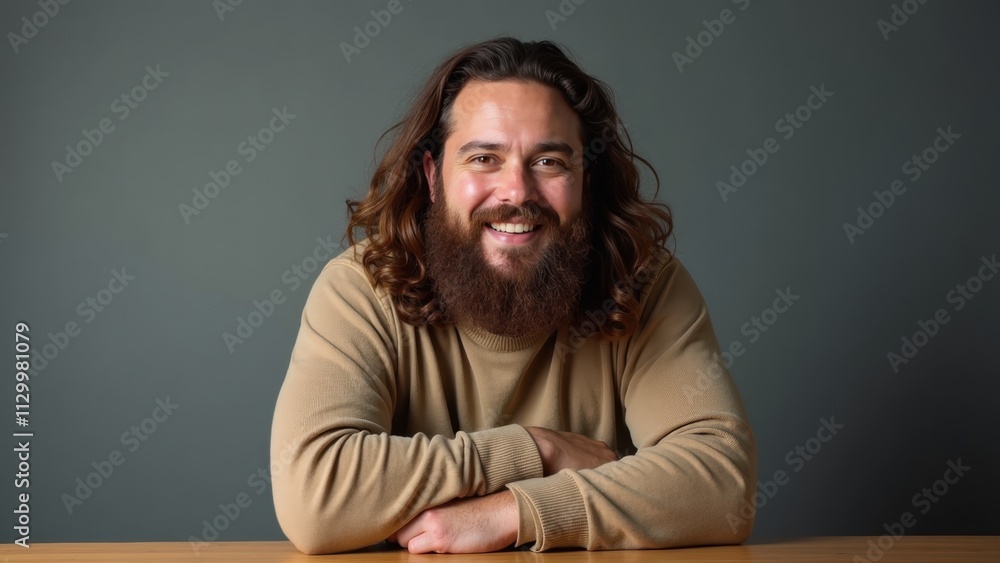 Smiling Man With Long Hair and Beard Enjoys a Moment of Calm Against a Simple Backdrop in Cozy Indoor Setting Smiling Man With Long Hair and Beard Enjoys a Moment of Calm Against a Simple Backdrop in Cozy Indoor Setting