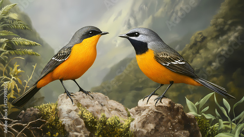 Grey-throated mountaintop bird (pericrocotus solaris) male orange, female yellow. Solaris. Illustration photo