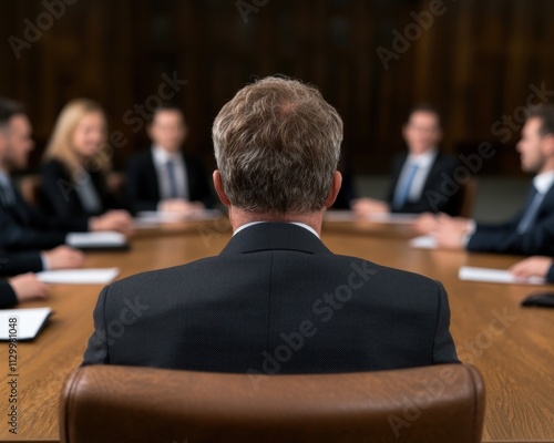 businessman sitting at table in courtroom