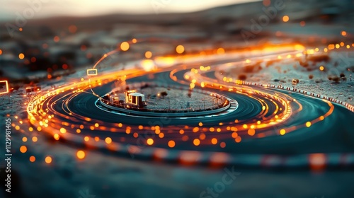 Futuristic Aerial View of Technological Race Track against Lush Natural Landscape