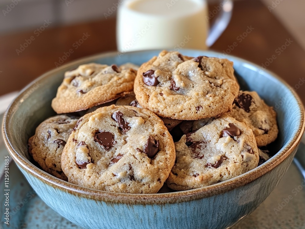 A bowl of chocolate chip cookies with a glass of milk in the background. A bowl of chocolate chip cookies with a glass of milk in the background.