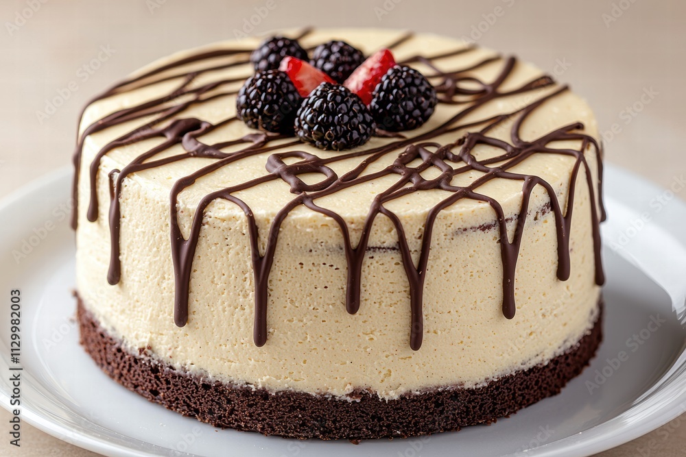 Delicious chocolate drizzled cheesecake with fresh blackberries Delicious chocolate drizzled cheesecake with fresh blackberries