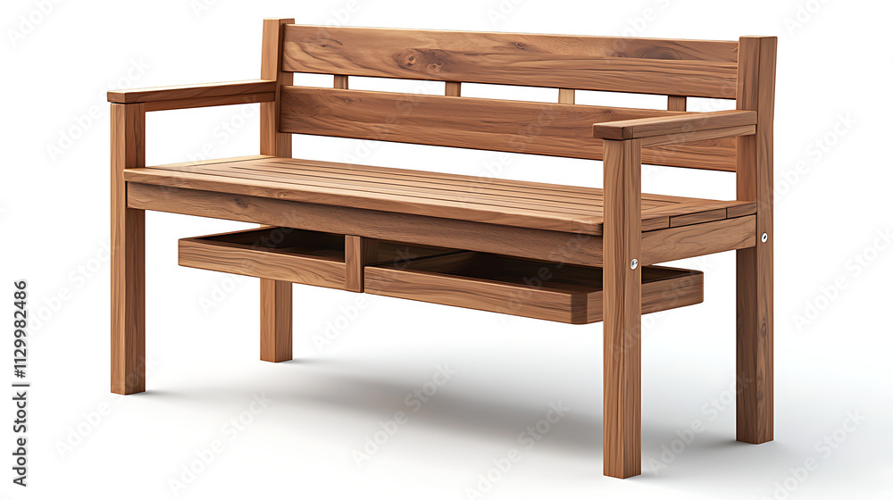A wooden bench with a basket underneath it A wooden bench with a basket underneath it