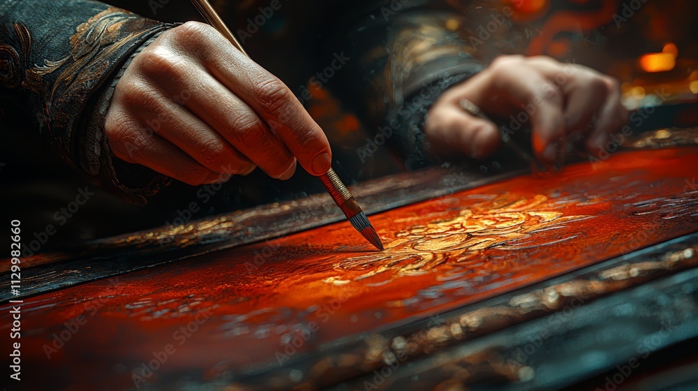 Obraz premium Artistic Centerpiece for Creative Campaign Posters with a Calligraphy Artist Working on Red Scrolls on Commercial Posters