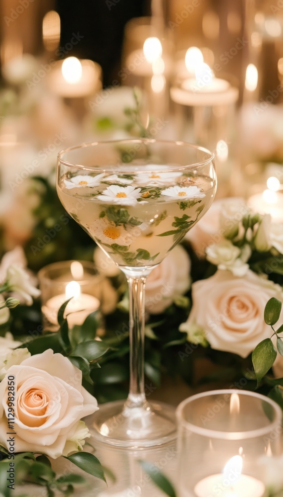 A cocktail garnished with flowers, surrounded by candles and roses for a romantic setting. A cocktail garnished with flowers, surrounded by candles and roses for a romantic setting.
