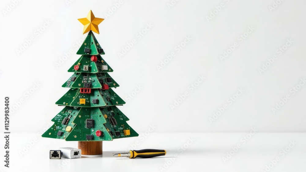 Christmas tree made of microcircuits, boards and wires with IT tools onwhite background. Technology banner with copy space. Greeting card for sysadmin or engineer for Xmas holidays celebration. Christmas tree made of microcircuits, boards and wires with IT tools onwhite background. Technology banner with copy space. Greeting card for sysadmin or engineer for Xmas holidays celebration.