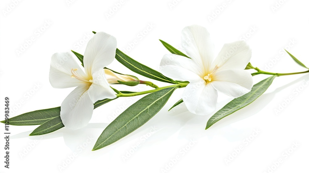 Single Oleander Flower with Leaf Isolated on White Background - Elegant and Vibrant Botanical Detail Single Oleander Flower with Leaf Isolated on White Background - Elegant and Vibrant Botanical Detail