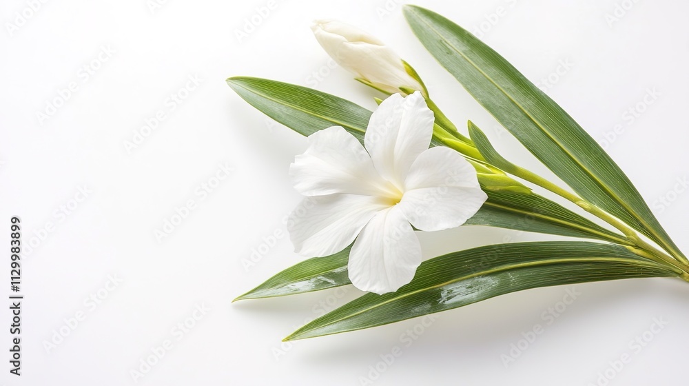 Single Oleander Flower with Leaf Isolated on White Background - Elegant and Vibrant Botanical Detail Single Oleander Flower with Leaf Isolated on White Background - Elegant and Vibrant Botanical Detail