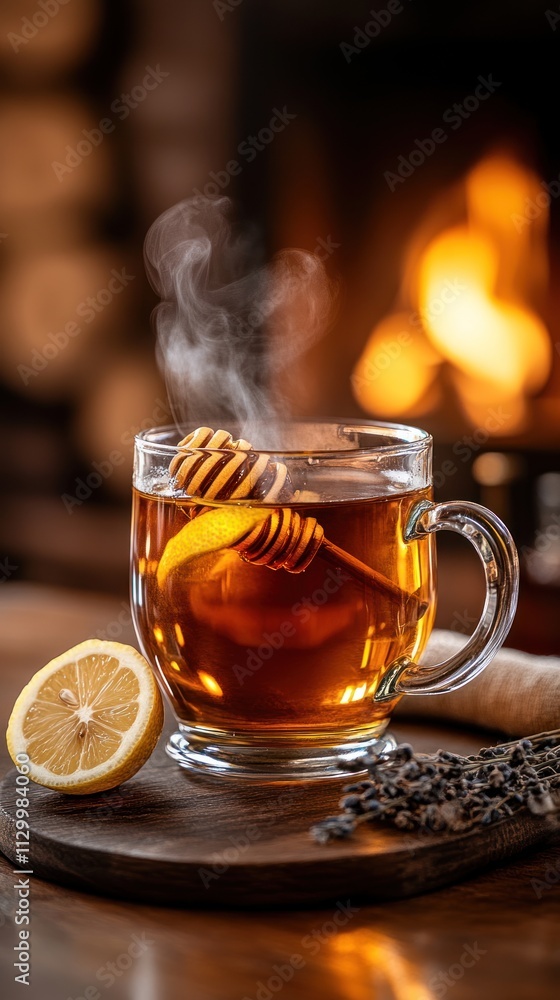 A warm cup of tea with honey and lemon, steaming by a cozy fireplace. A warm cup of tea with honey and lemon, steaming by a cozy fireplace.
