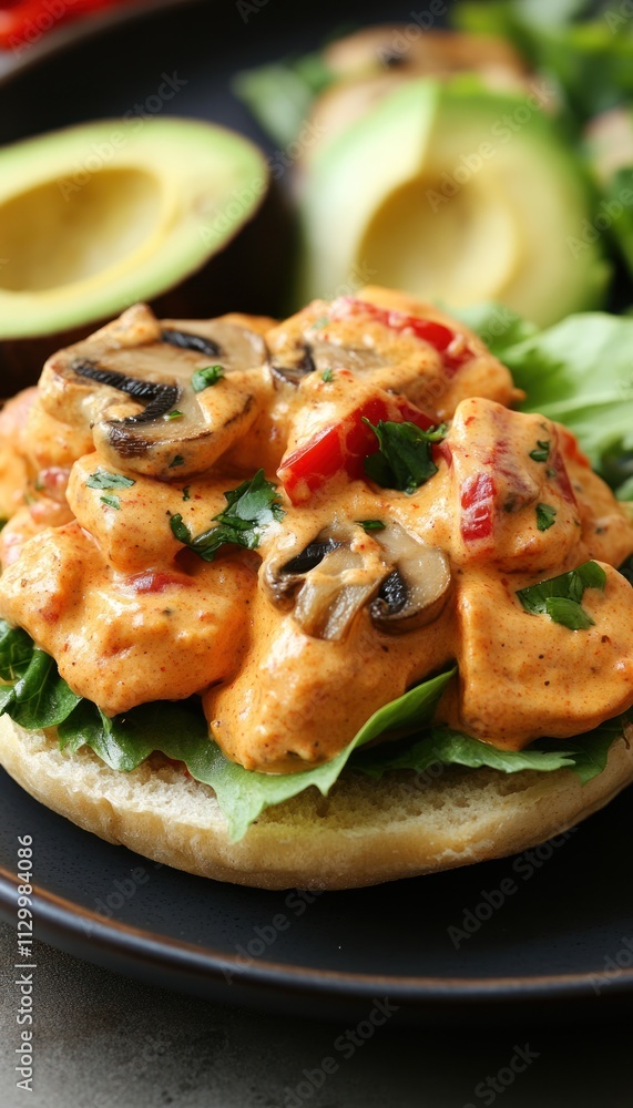 A delicious sandwich topped with creamy sauce, mushrooms, and vegetables on a plate. A delicious sandwich topped with creamy sauce, mushrooms, and vegetables on a plate.