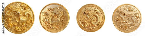 Chinese New Year A collection of ornate golden coins featuring intricate dragon designs, perfect for showcasing wealth and craftsmanship.
