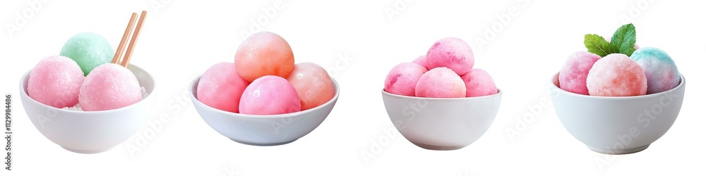 Chinese New Year Delicious and colorful scoops of ice cream in white bowls, perfect for summer treats and desserts.