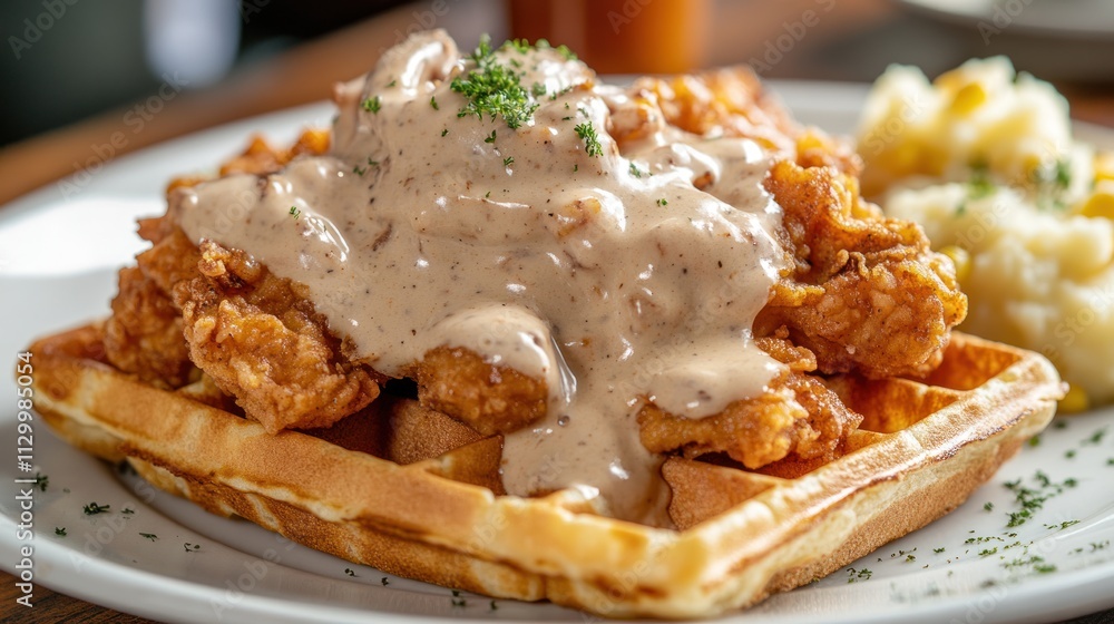 A plate of chicken and waffles topped with creamy gravy, served with mashed potatoes. A plate of chicken and waffles topped with creamy gravy, served with mashed potatoes.