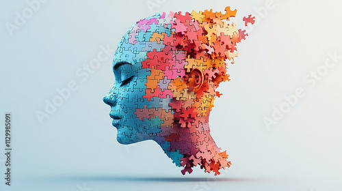 Human head profile and jigsaw puzzle, cognitive psychology or psychotherapy concept, mental health, brain problem, personality disorder, vector line design, Created using generative AI tools, leaving 