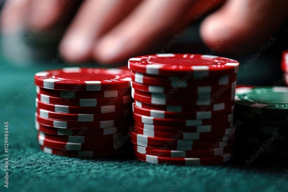 close-up of poker chips stacked on green felt table with hands in dramatic lighting for casino advertising and marketing promotion close-up of poker chips stacked on green felt table with hands in dramatic lighting for casino advertising and marketing promotion