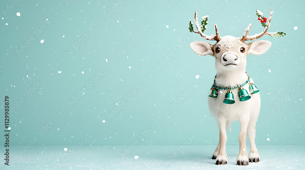 reindeer standing in snowy field, adorned with festive bells and holly, evokes joyful holiday spirit reindeer standing in snowy field, adorned with festive bells and holly, evokes joyful holiday spirit