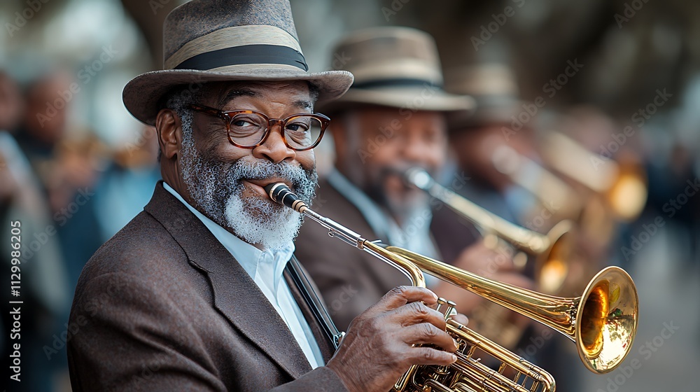Obraz premium Happy senior man playing trumpet in a band outdoors.