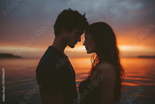 Silhouette of a young couple kissing against a sunset sky, a man holding a woman in his arms, a romantic love concept, a man with short hair and beard, a girl has curly long brown hair,


 photo