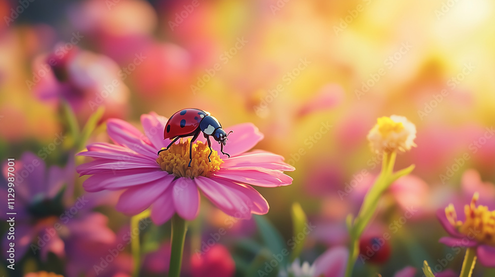 Ladybug on pink wildflower in glowing sunlight Ladybug on pink wildflower in glowing sunlight