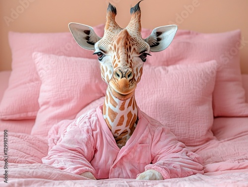 Sleepy Giraffe in Pastel Pink Pajamas Relaxing on Cozy Bed with Plush Pillows