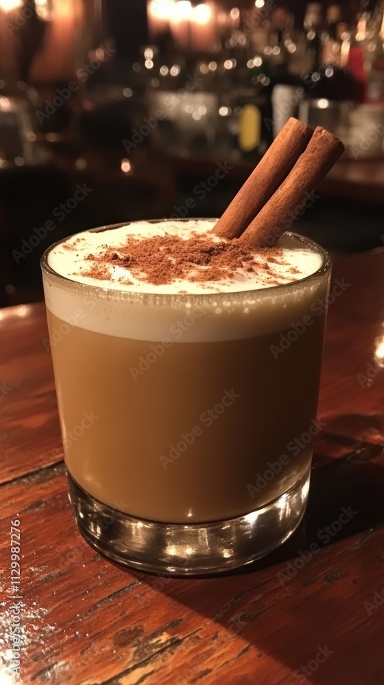 A creamy cocktail topped with cinnamon and cocoa, served in a short glass. A creamy cocktail topped with cinnamon and cocoa, served in a short glass.