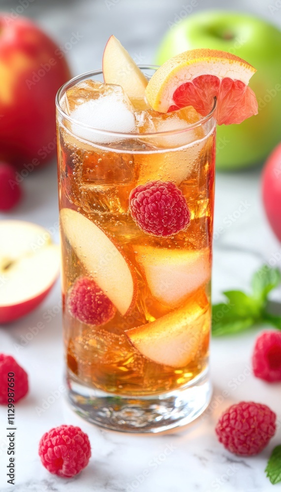 A refreshing fruit cocktail with apples and raspberries in a glass. A refreshing fruit cocktail with apples and raspberries in a glass.