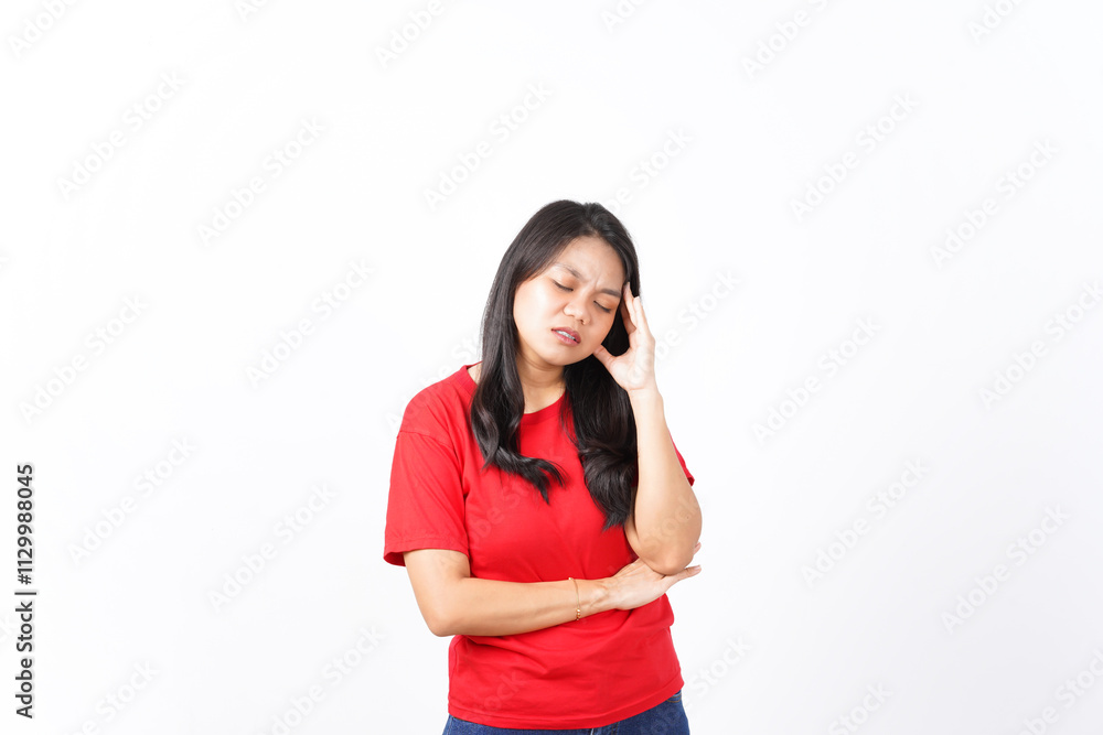 Hand on Head suffering headache, Pain on head Of Beautiful Asian Woman wearing red shirt Isolated On White Background Hand on Head suffering headache, Pain on head Of Beautiful Asian Woman wearing red shirt Isolated On White Background