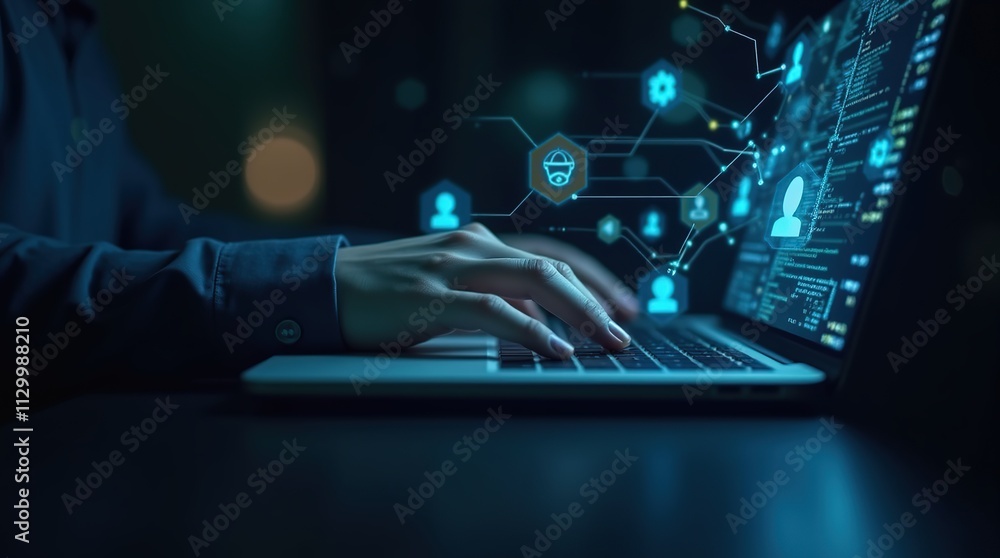 Person Typing on Laptop with Digital Interface Overlay Person Typing on Laptop with Digital Interface Overlay
