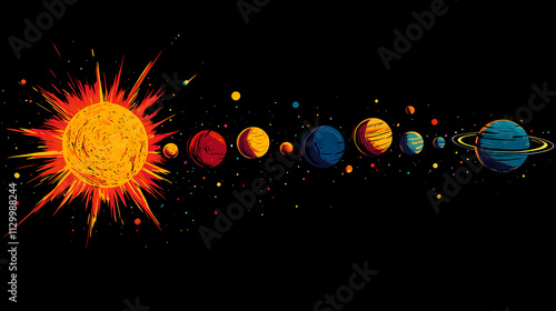 A blazing star with a fiery surface, surrounded by a row of planets in space. Solaris. Illustration photo